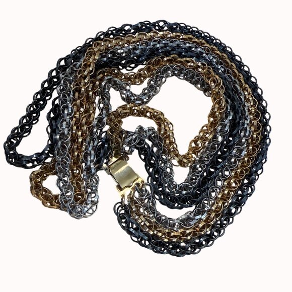 Multi-Tone Layered Chain Necklace Gold Silver & Black Metal Bold Statement - Picture 3 of 9